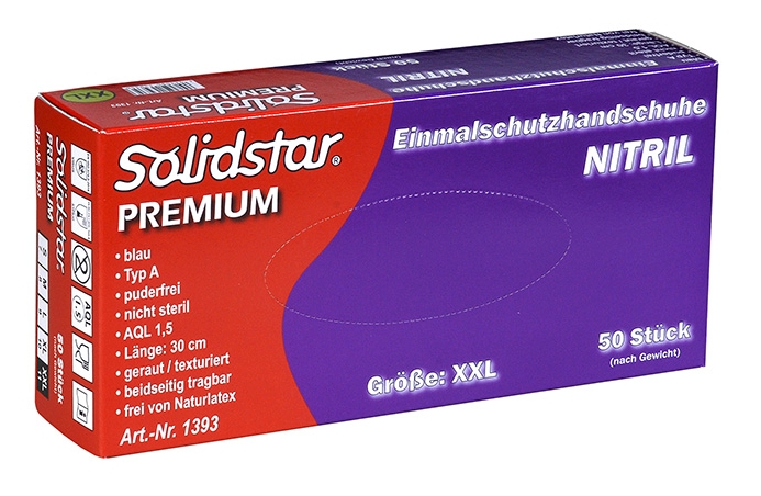 Solidstar® PREMIUM Nitril-Einmalschutzhandschuh blau puderfrei TYP A Box à 50 Stück