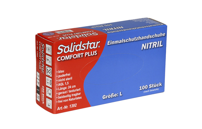 Solidstar® COMFORT PLUS Nitril-Einmalschutzhandschuh blau puderfrei Box à 100 Stück