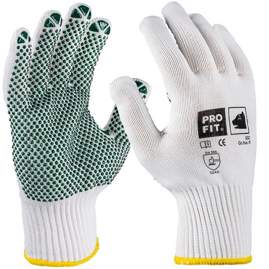 Pro Fit ® Feinstrickhandschuh, weiß, einseitige grüne Punktbenoppung