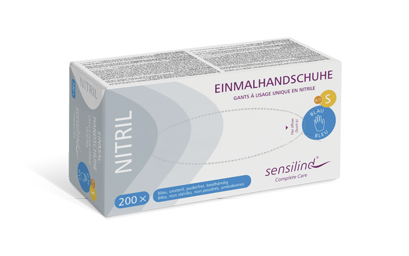 Sensilind Nitril Einmalhandschuhe Premium puderfrei blau unsteril 200 Stück/Box Größe S (6)