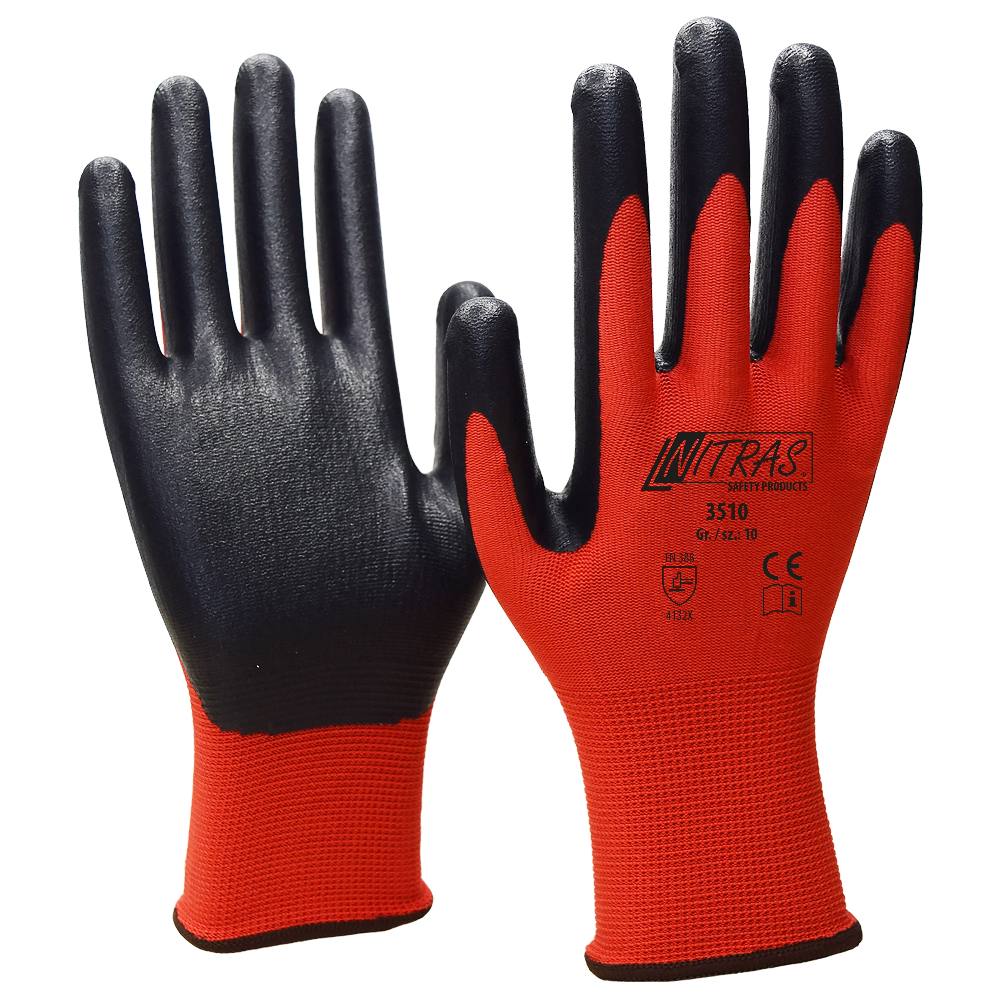 NITRAS® Nylonhandschuhe, rot, Nitrilschaum-Beschichtung, schwarz, EN 388