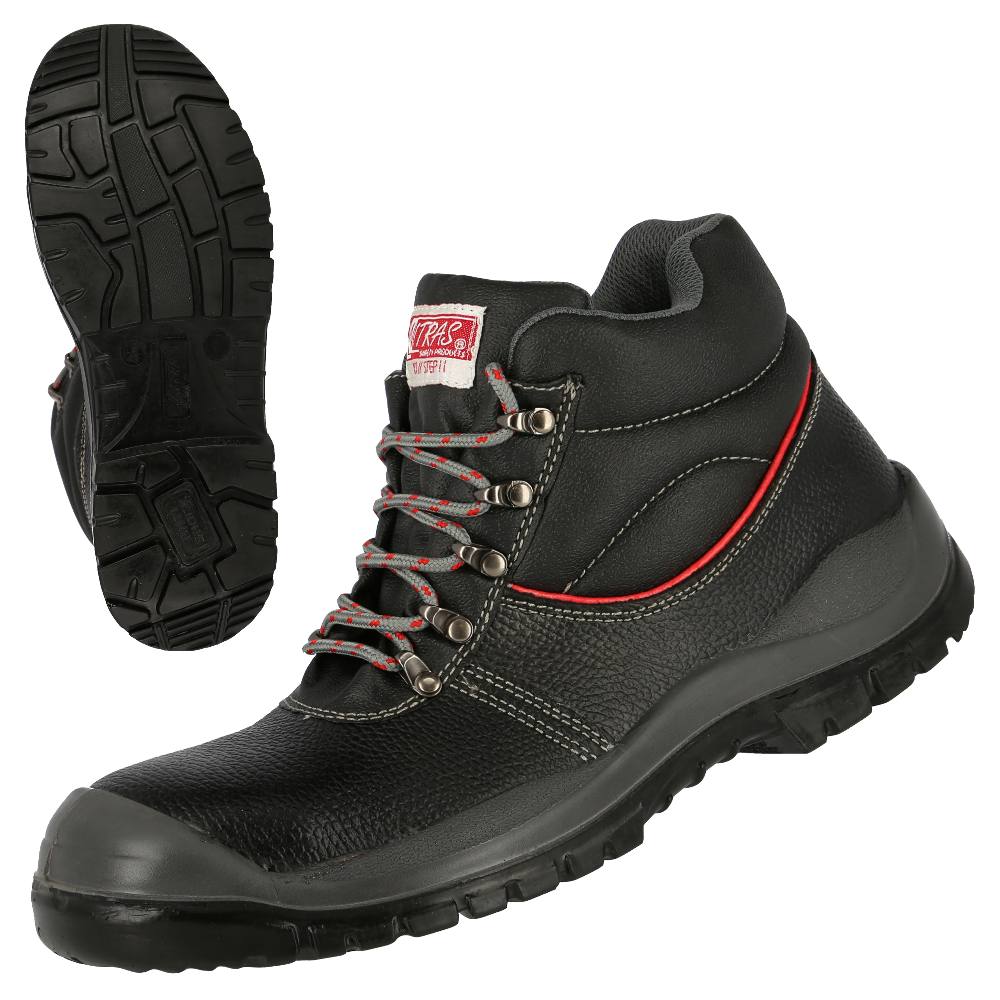 NITRAS® STEP MID, S3 Sicherheitsstiefel, strapazierfähiges Vollleder, schwarz, widerstandsfähige PU / TPU-Laufsohle, grau / schwarz, EN ISO 20345