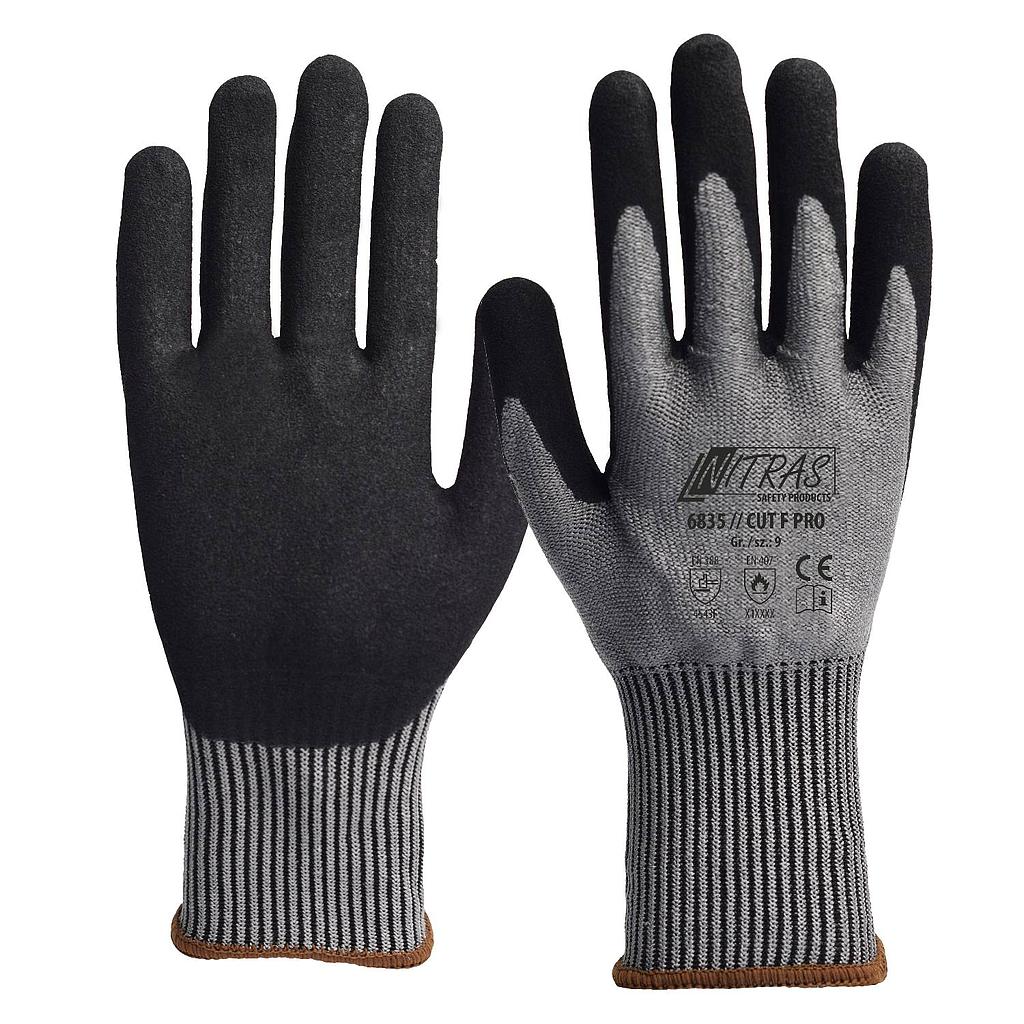 NITRAS® 6835 // CUT F PRO, Schnittschutzhandschuhe, grau, Nitrilschaum, teilbeschichtet auf Innenhand und Fingerkuppen, schwarz, EN 388