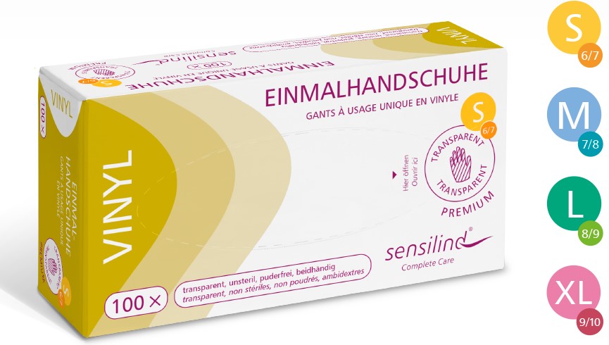 Sensilind Vinyl Einmalhandschuhe Premium, puderfrei trans., unsteril, 100 Stück/Box