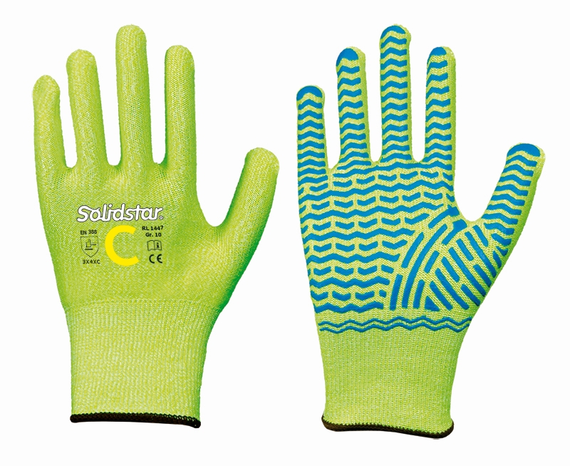 Solidstar® • Schnittschutzhandschuh • Neon / Grip • blaue Latex-Grip-Beschichtung