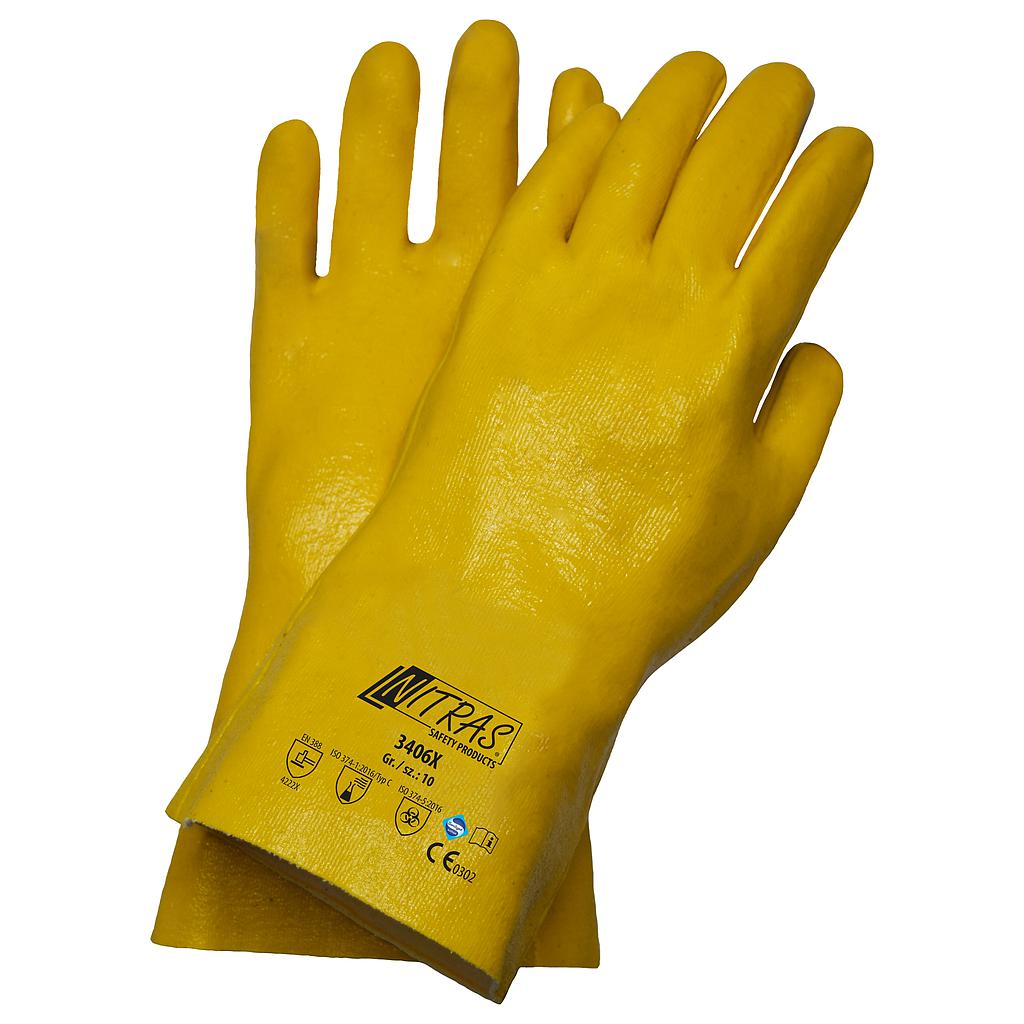 NITRAS® Premium-Chemikalienschutzhandschuhe, Nitril, gelb, Baumwoll-Trikot-Futter, naturfarben, EN 388, EN ISO 374