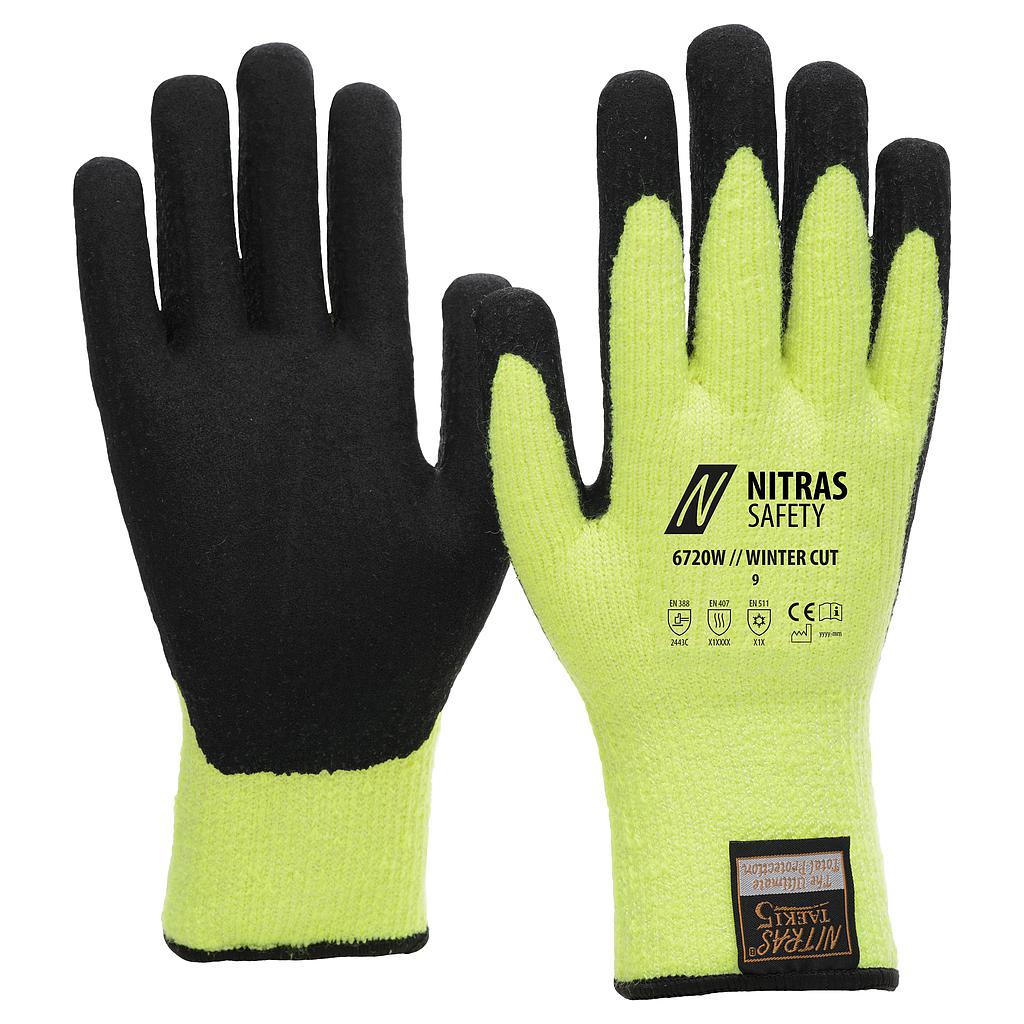 NITRAS® TAEKI WINTER CUT, Schnittschutzhandschuhe, TAEKI-Spezialgarn, neongelb, nahtloses Terry-Schlingengewebe innen, Latexschaum-Beschichtung, schwarz, EN 388, EN 407, EN 511