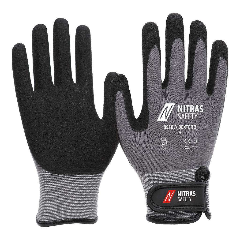 NITRAS® DEXTER 2 Mechanikerhandschuhe, Spezial-Stretch-Gewebe, grau, Latexschaum-Beschichtung, schwarz, teilbeschichtet auf Innenhand und Fingerkuppen, EN 388