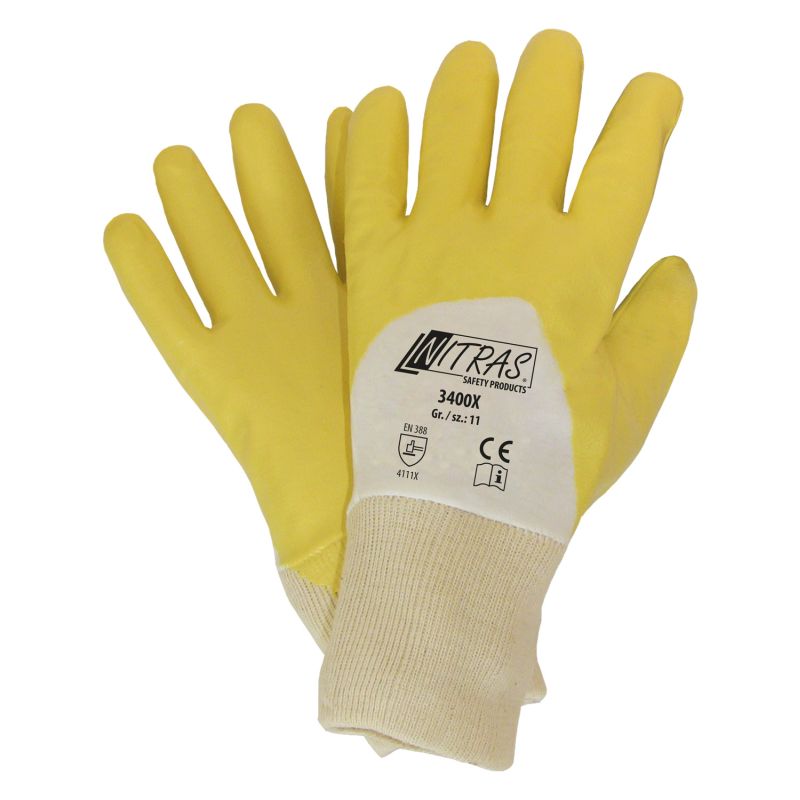 NITRAS® Premium-Nitrilhandschuhe, weiß, gebleicht, Nitril-Beschichtung, 3/4-beschichtet, gelb, EN 388