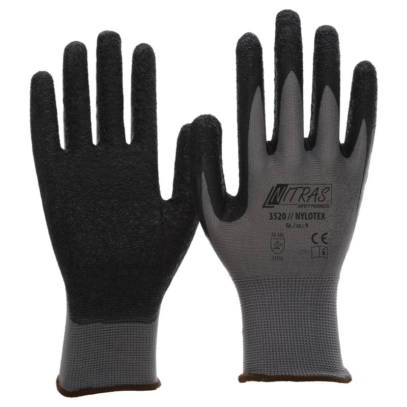 NITRAS® NYLOTEX, Nylonhandschuhe, grau, Latex-Beschichtung, schwarz, EN 388