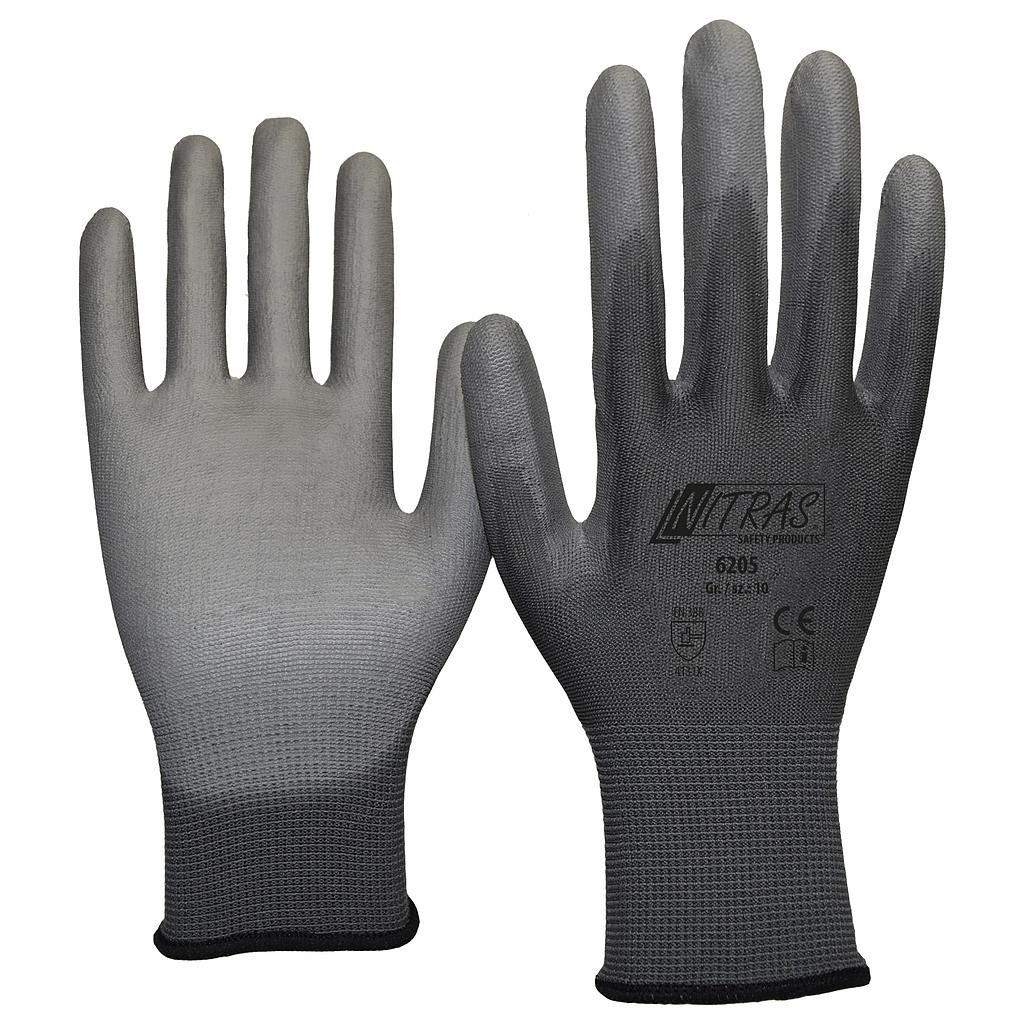 NITRAS® Nylonhandschuhe, grau, PU-Beschichtung, teilbeschichtet auf Innenhand und Fingerkuppen, grau, EN 388