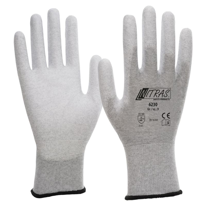 NITRAS® Antistatikhandschuhe, Nylon-Carbon-Strick, PU-Beschichtung, weiß, teilbeschichtet auf Innenhand und Fingerkuppen, EN 388, EN 16350