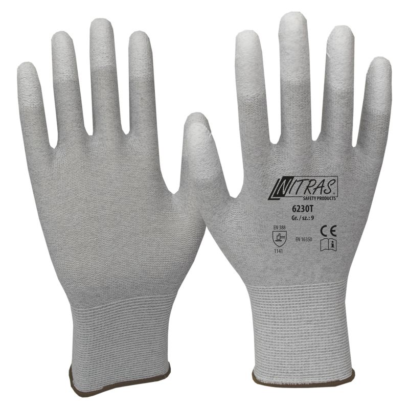 NITRAS® Antistatikhandschuhe, Nylon-Carbon-Strick, PU-Beschichtung, weiß, teilbeschichtet auf Fingerkuppen, EN 388, EN 16350