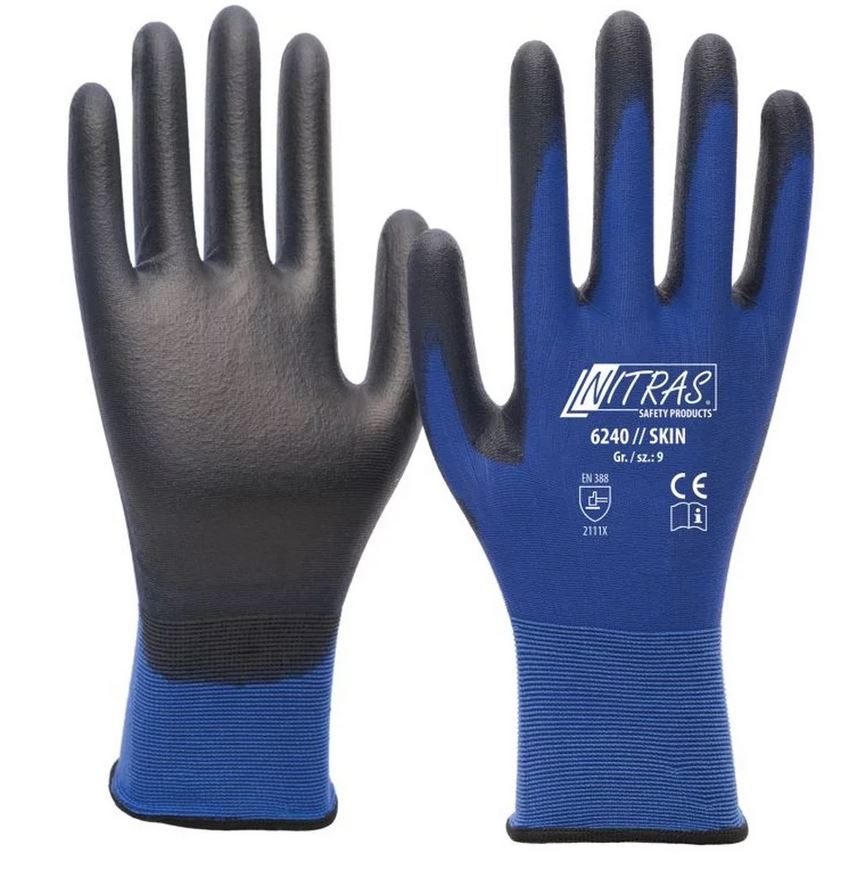 NITRAS® SKIN, Nylonhandschuhe, blau, PU-Beschichtung, schwarz, EN 388