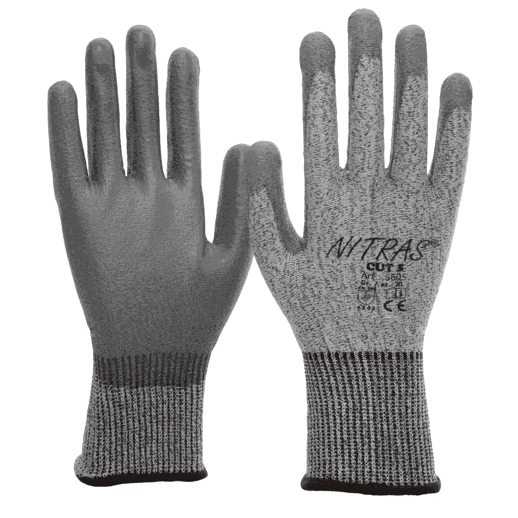 NITRAS® CUT5, Schnittschutzhandschuhe, grau, PU-Beschichtung, teilbeschichtet auf Innenhand und Fingerkuppen, grau, EN 388