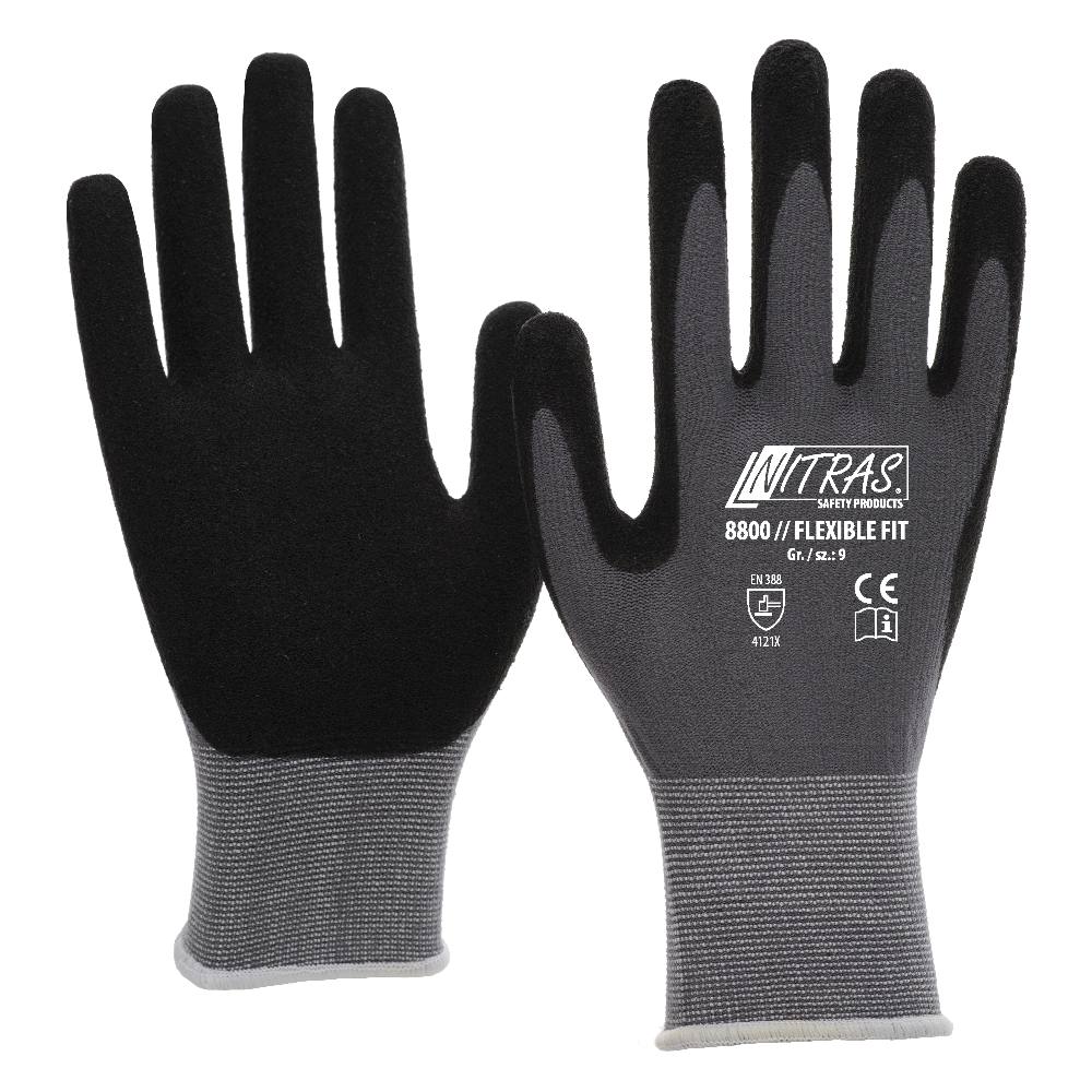 NITRAS® FLEXIBLE FIT, Strickhandschuhe, Spezial-Stretch-Strick, grau, Spezialbeschichtung, schwarz, EN 388, EN 407, OEKO-TEX STANDARD 100®