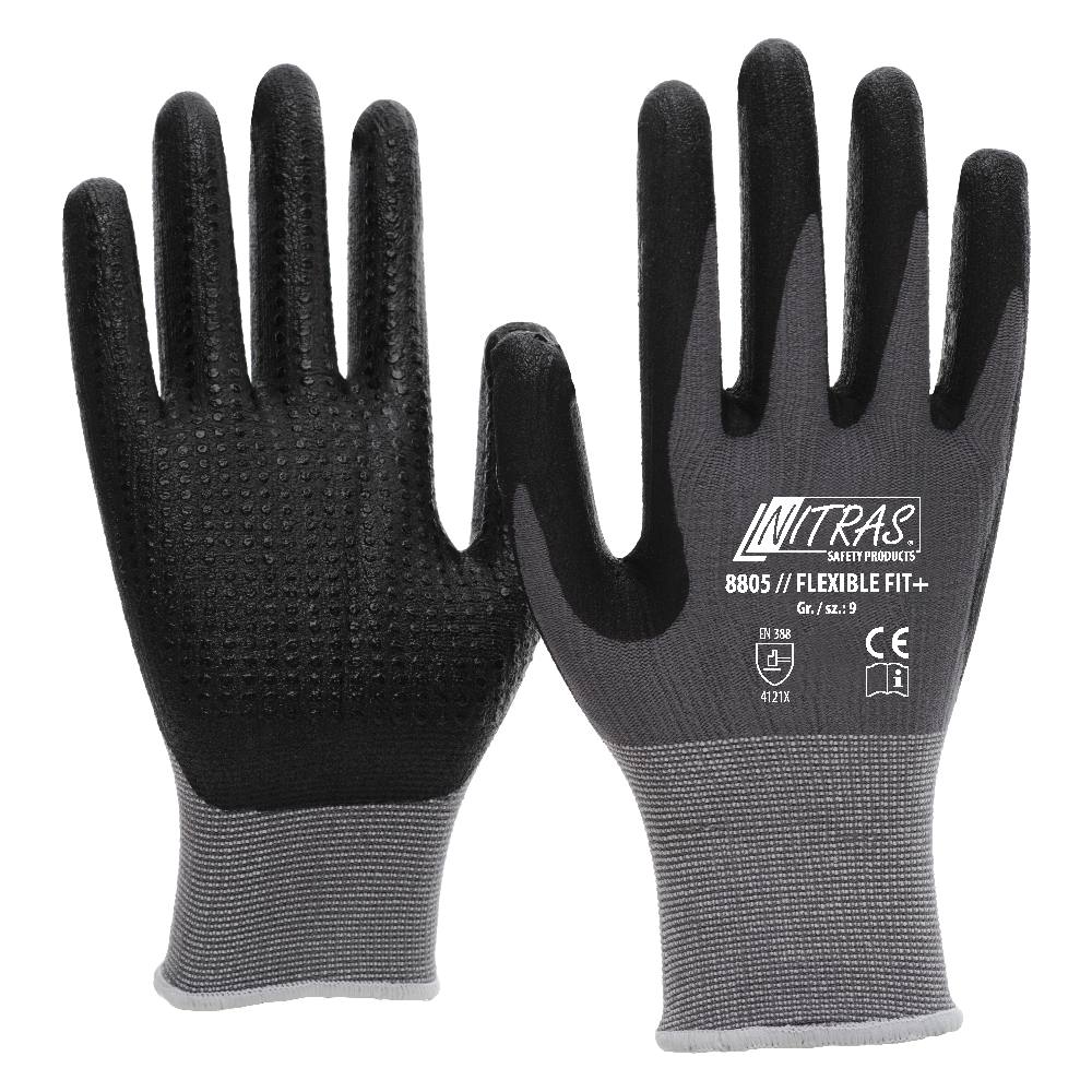 NITRAS® FLEXIBLE FIT+, Strickhandschuhe, Spezial-Stretch-Strick, grau, Spezialbeschichtung mit Nitrilnoppen, schwarz, EN 388, EN 407, OEKO-TEX STANDARD 100®