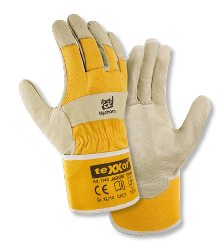 teXXor® Schweinsvollleder-Handschuh NASHORN Leder natur, Drell gelb